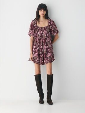 Aritzia Wilfred Sunset Dress Floral Babydoll Mini Dress Cordovan Frzn Berry S